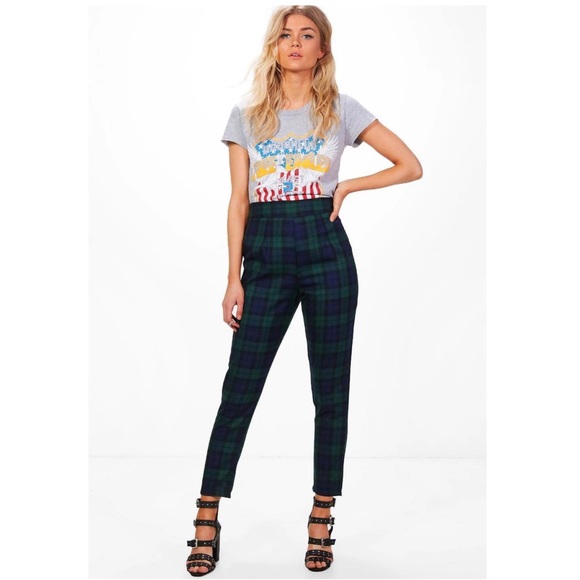 New BOOHOO Petite High Waisted Check Tapered Pants Size 10 - Picture 1 of 3